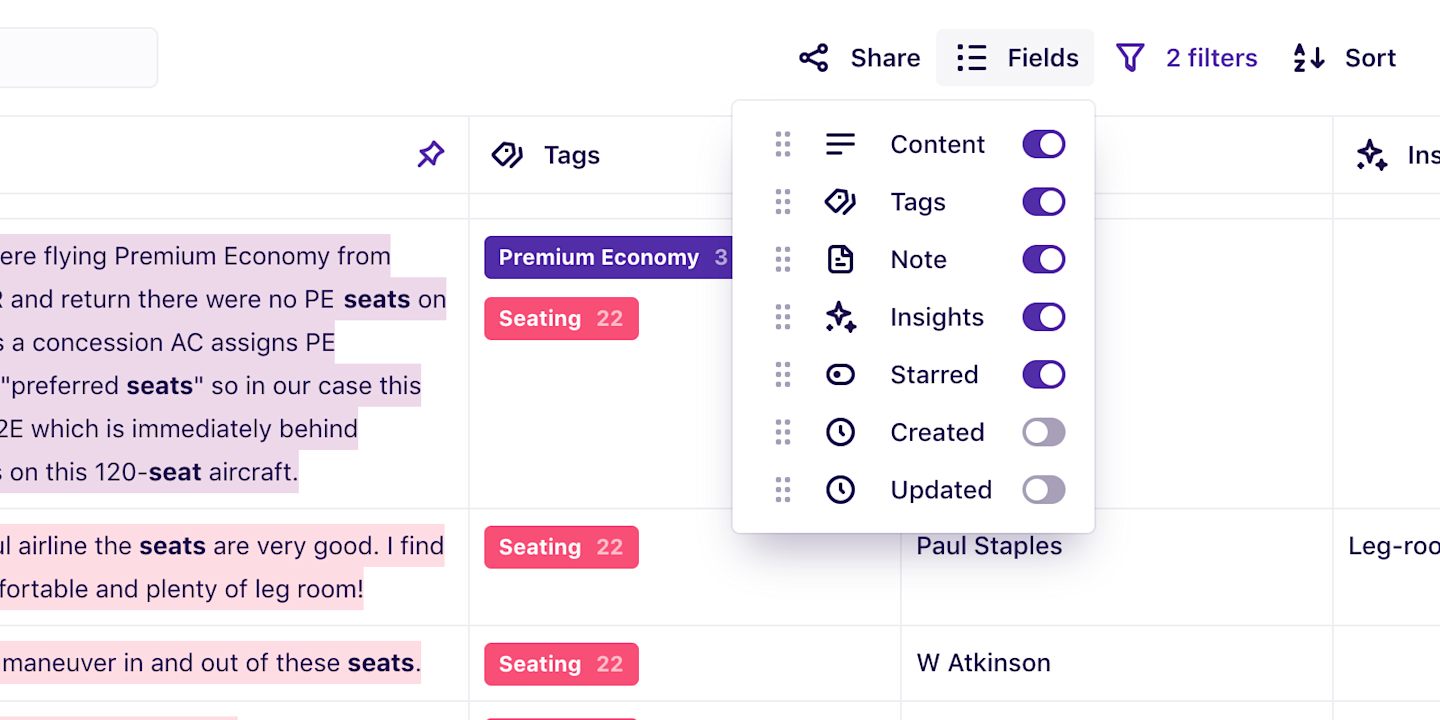 Screenshot of modifying the visible fields when viewing highlights.