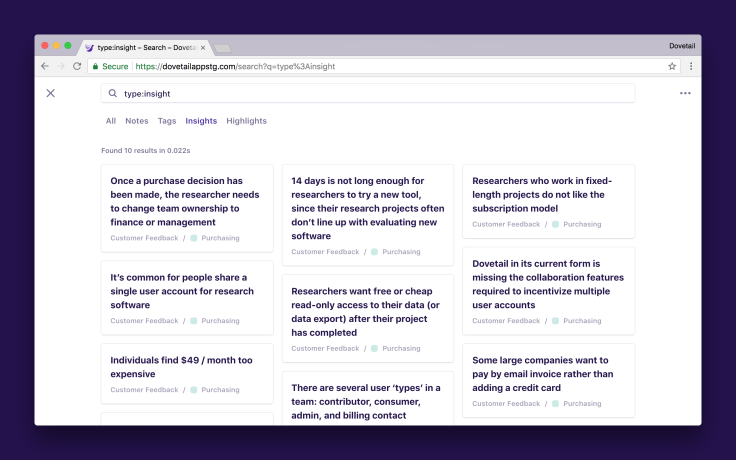 Screenshot of visualizing your data in Dovetail with search.