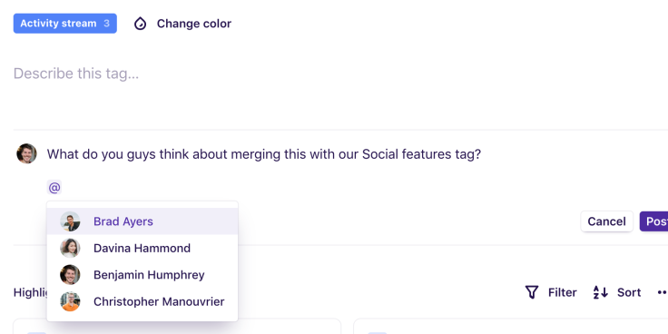 Screenshot of mentioning a Dovetail user on a tag.