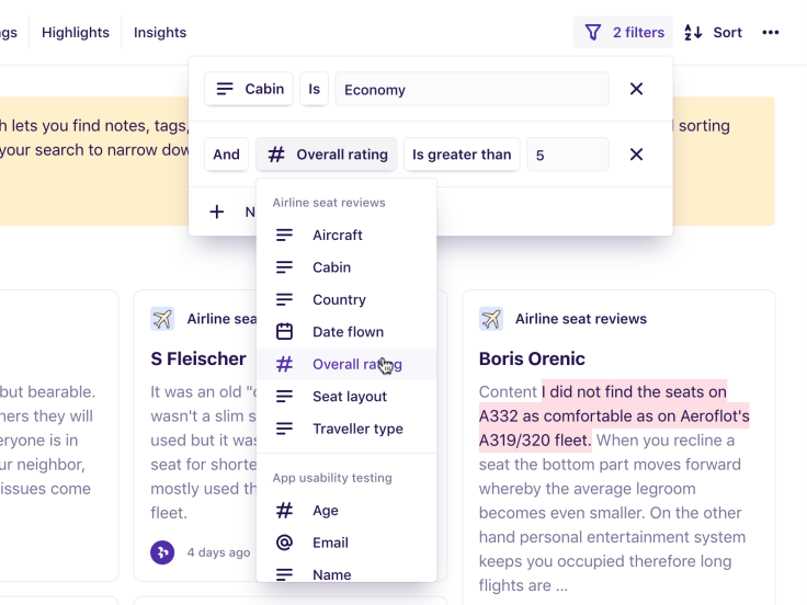 Screenshot of the interface for filtering by fields in Dovetail.