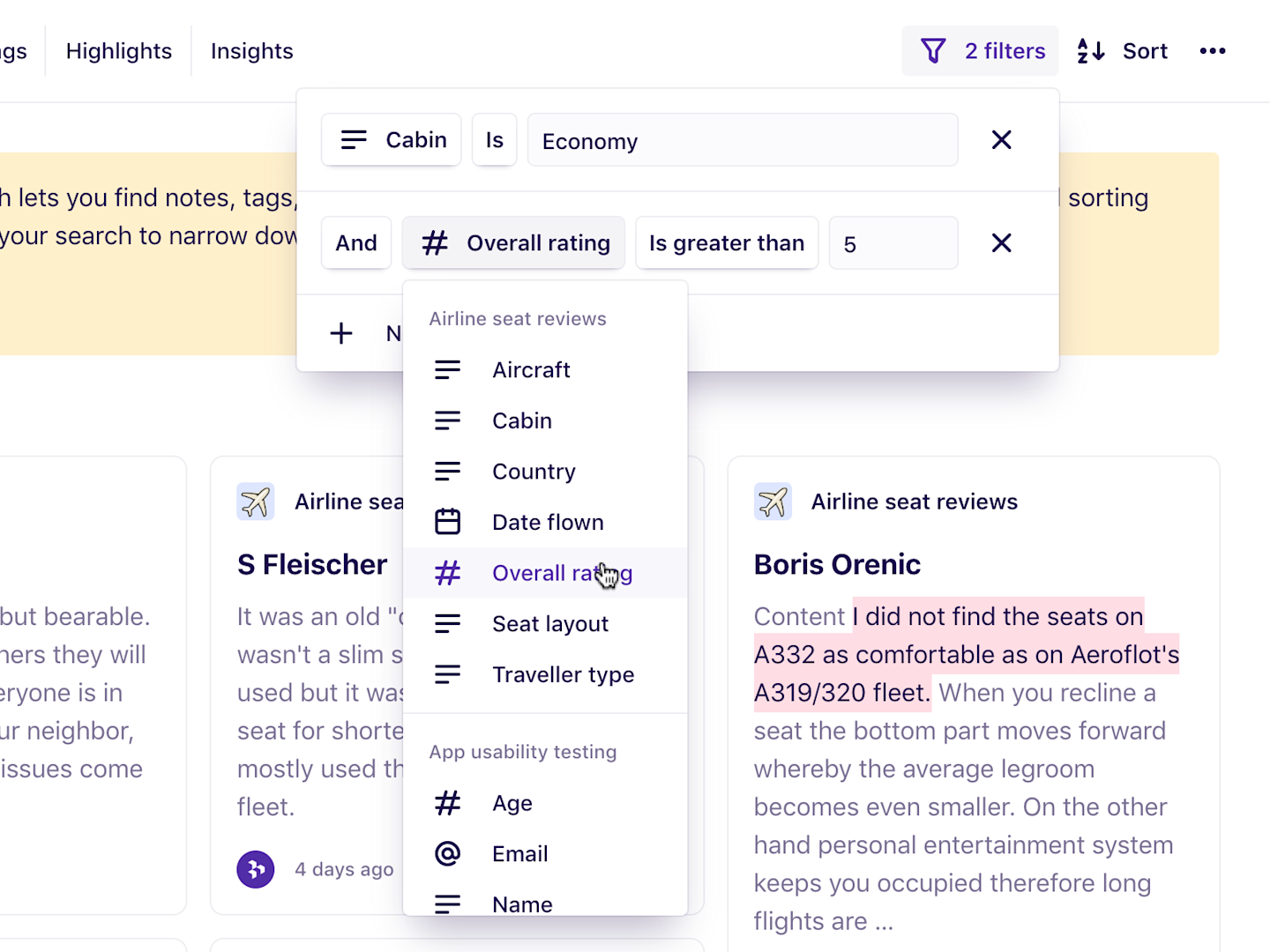 Screenshot of the interface for filtering by fields in Dovetail.