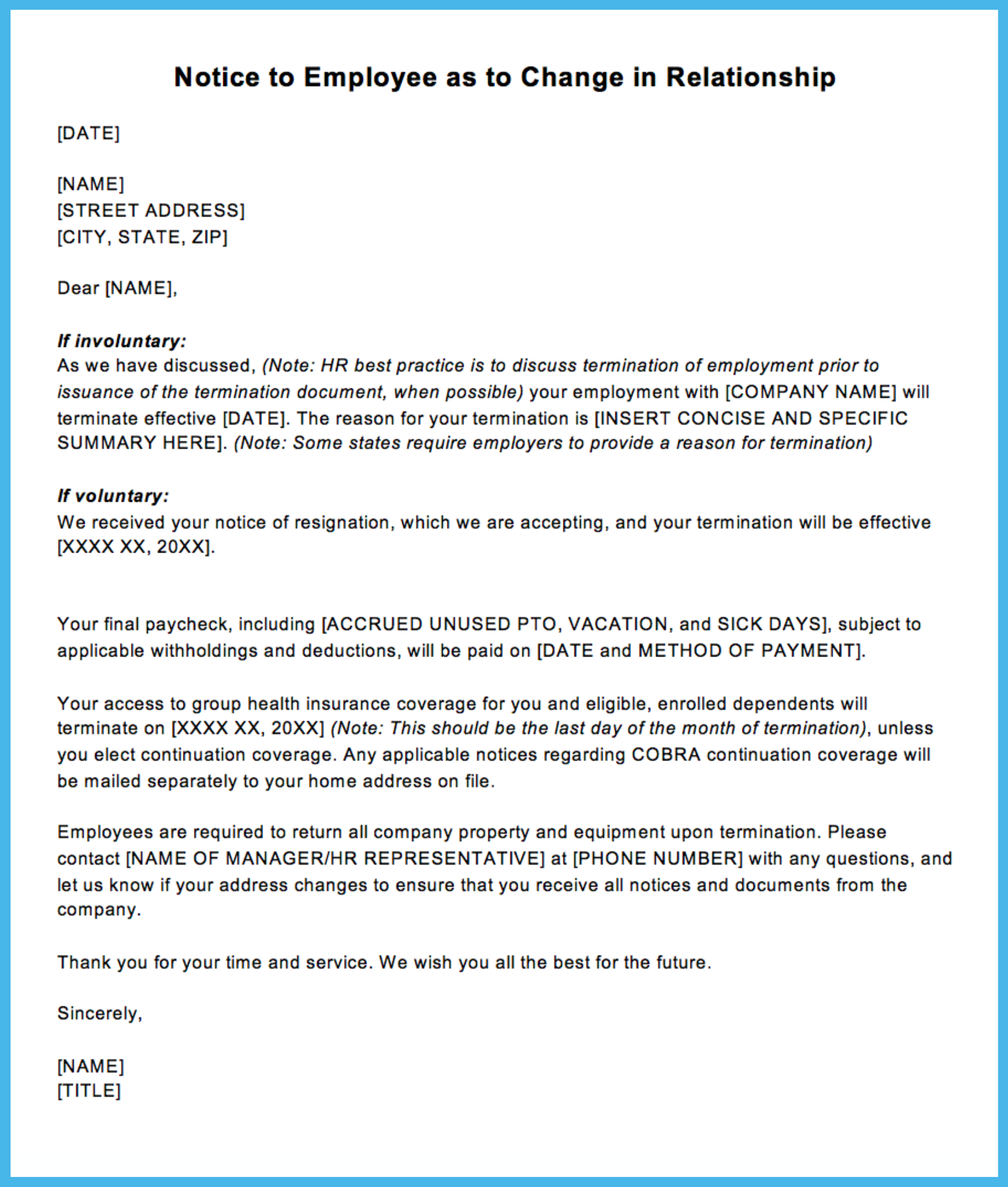sample employee termination letter