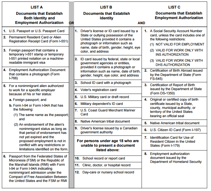 Form I 9 Document Requirements Form I 9 Document Requirements