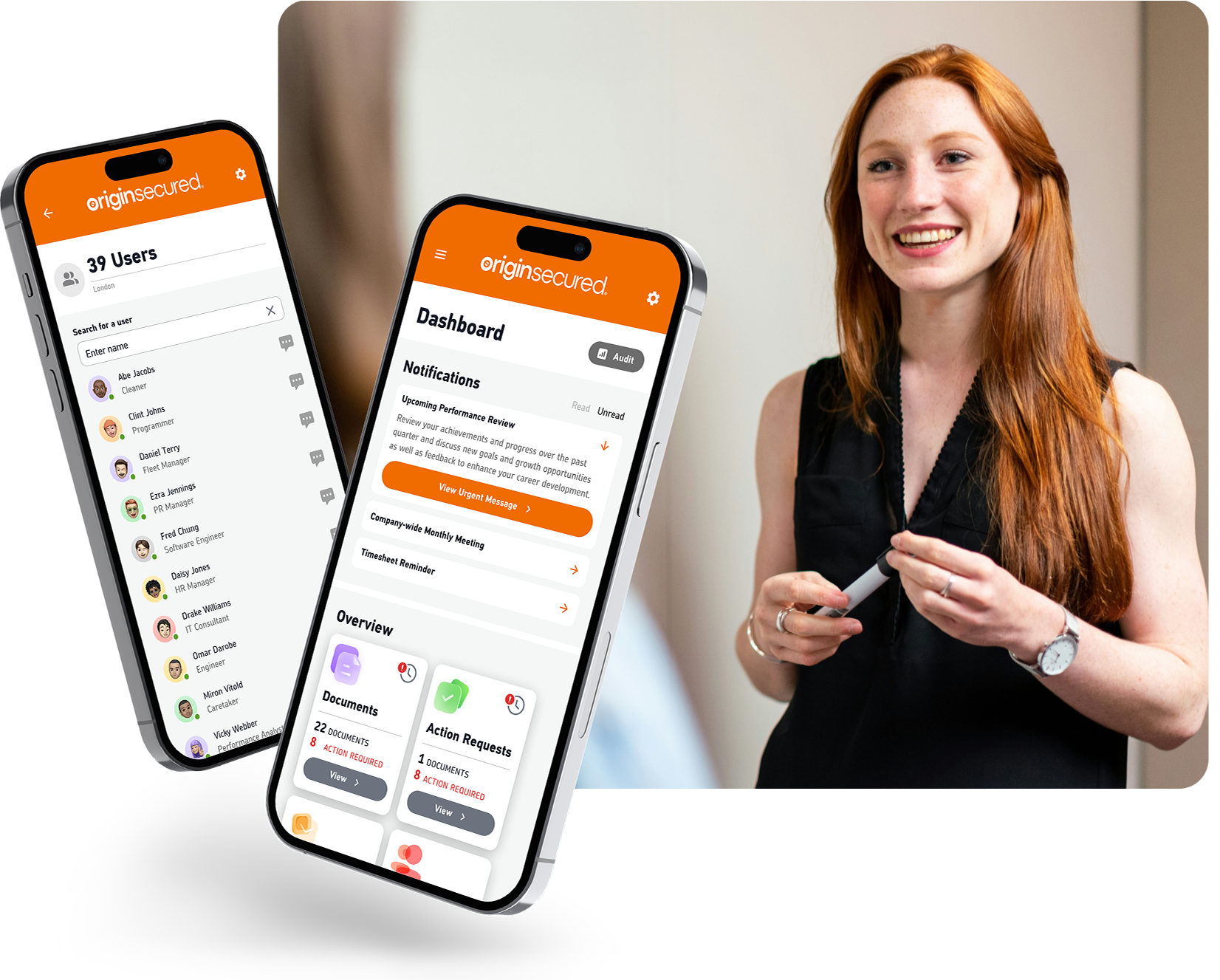 Origin Secured Workforce iPhone screens and woman in business outfit
