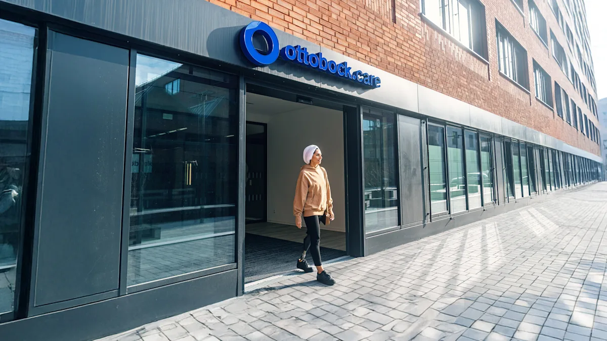 A prosthetic foot user walking out of an Ottobock.care clinic