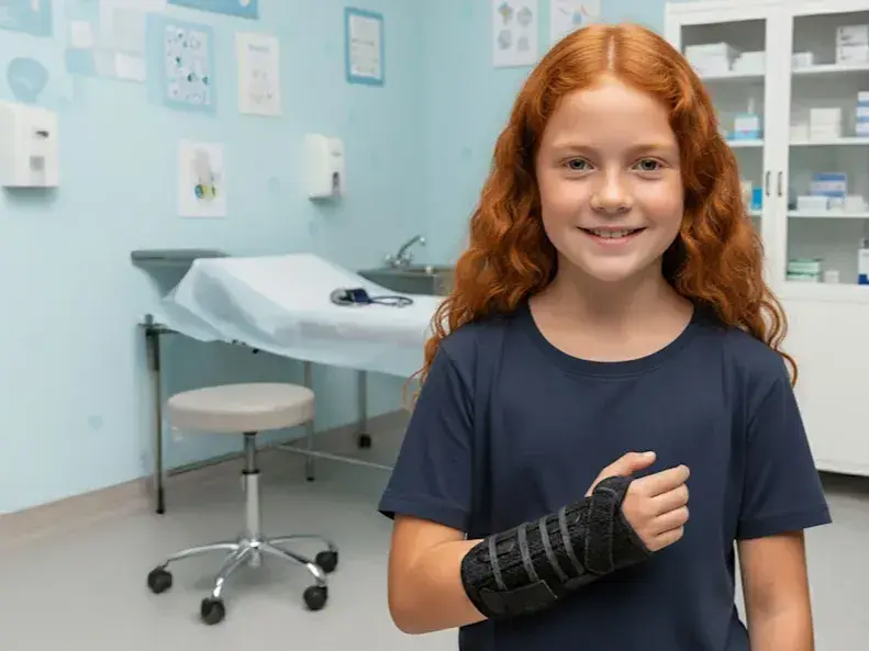 A young girl in a wrist brace in an orthotic clinic 