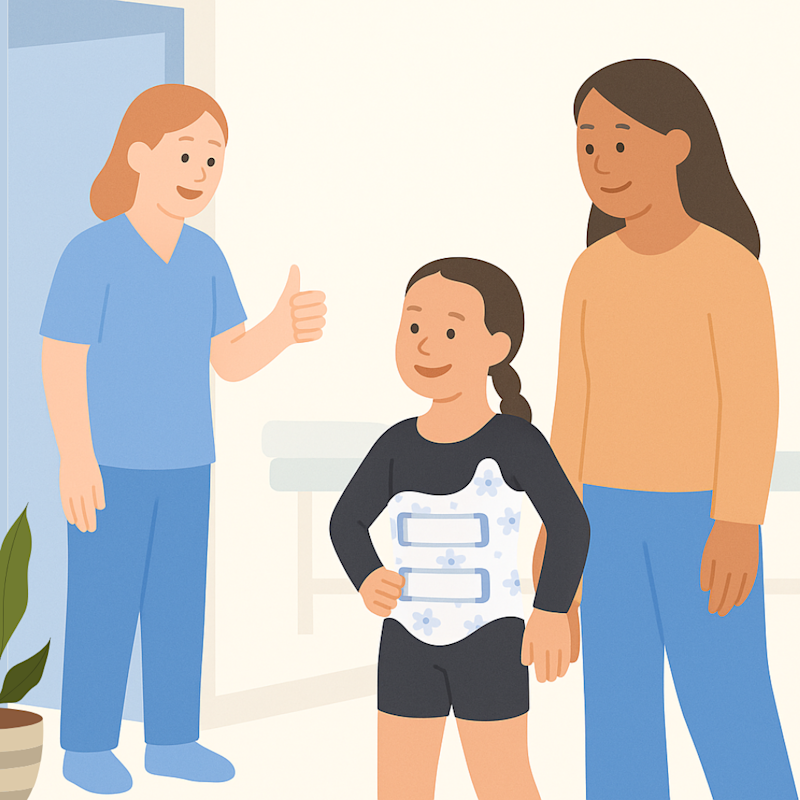 Un niño y su madre saliendo de su cita con su nuevo aparato ortésico personalizado