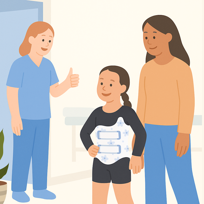 A child and their mother leaving their appointment with their new custom orthotic brace