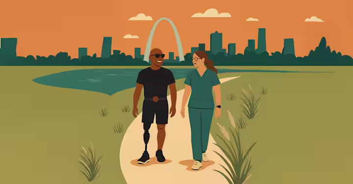 Una caricatura ilustrada de un usuario de prótesis caminando en un campo al aire libre con un médico de Ottobock.care con el arco de la puerta en el fondo