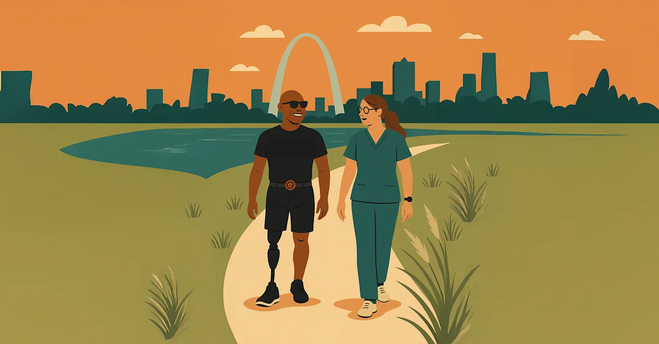 Una caricatura ilustrada de un usuario de prótesis caminando en un campo al aire libre con un médico de Ottobock.care con el arco de la puerta en el fondo