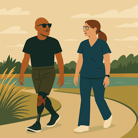 A graphic of an Ottobock.care prosthetist walking on an outdoor course with a patient with limb loss and limb difference