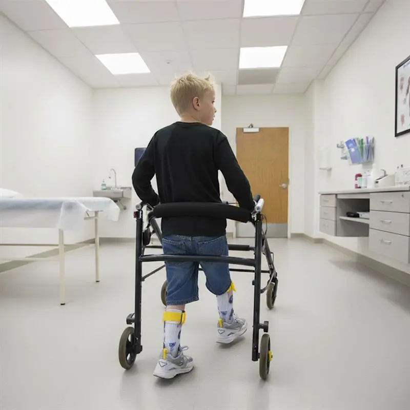 Un paciente joven en una ortesis de pie con andador y doble tobillo (ADT)