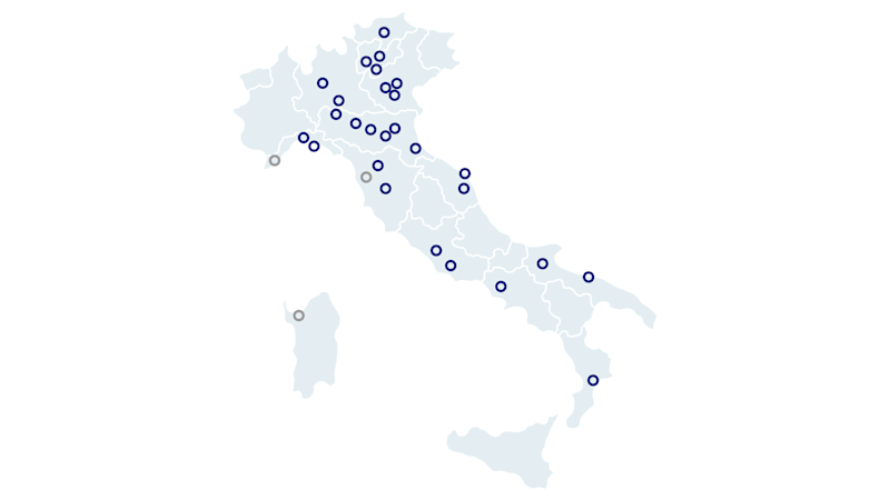 Cartina dell'Italia divisa per regioni con i centri Ottobock.care