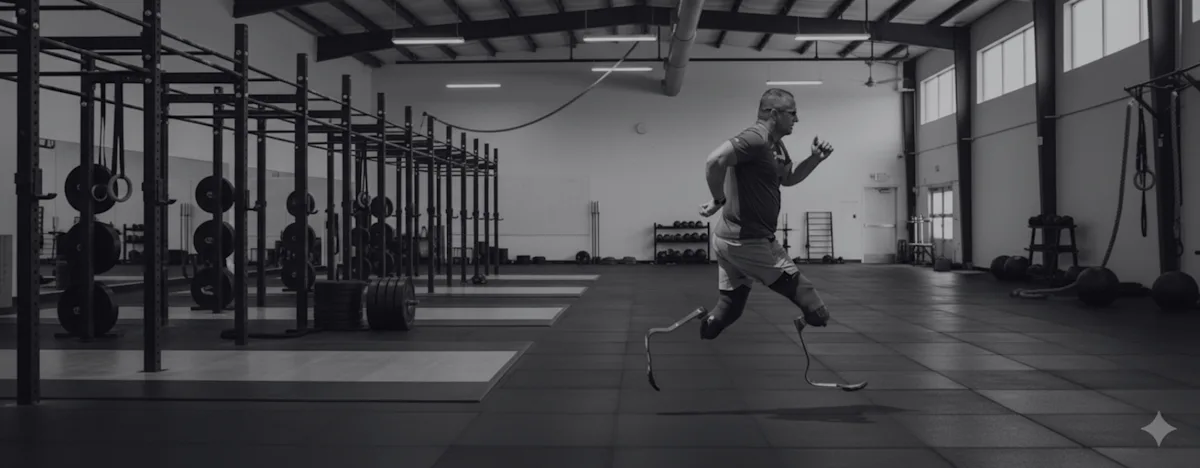 Un amputado bilateral corriendo por un gimnasio cubierto con cuchillas de correr