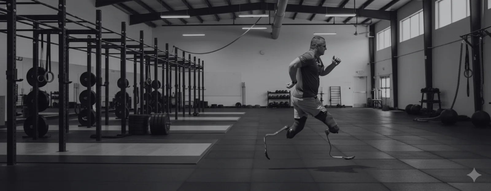 Un amputado bilateral corriendo por un gimnasio cubierto con cuchillas de correr