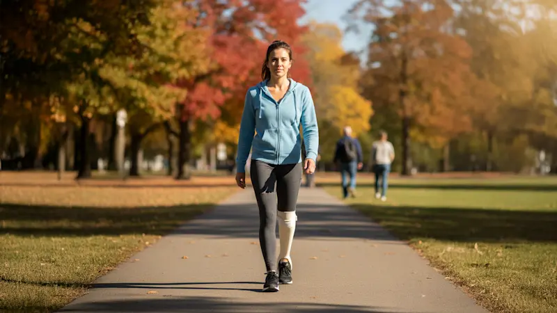A woman in athlete attire walking in a park while wearing a Posterior Leaf Swing Ankle Foot Orthosis