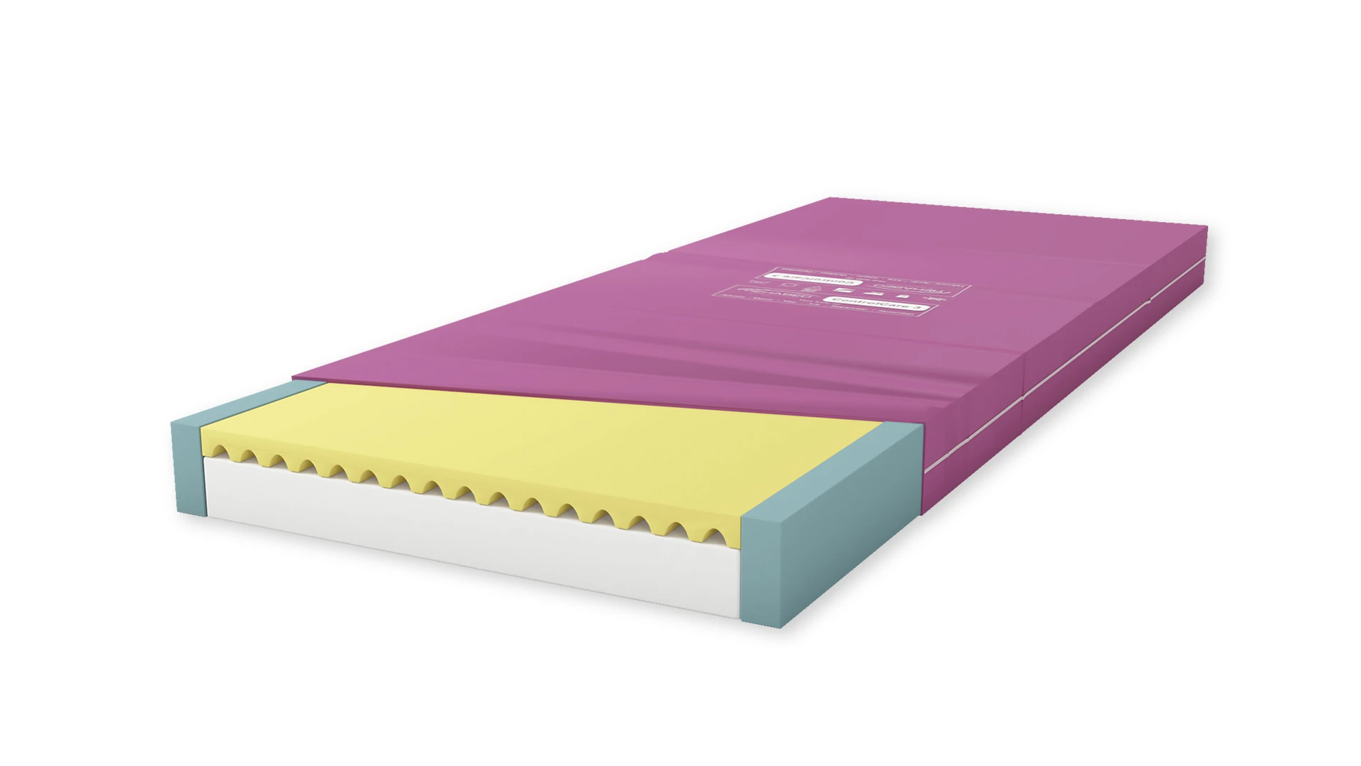 Immagine del materasso Rehabed ControlCARE dove si vede sia la schiuma interna a due strati sia la fodera removibile in tessuto anallergico