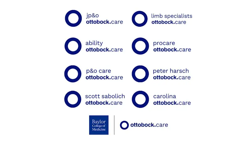 An illustration showing the various legacy clinic logos merging in to the ottobock.care logo