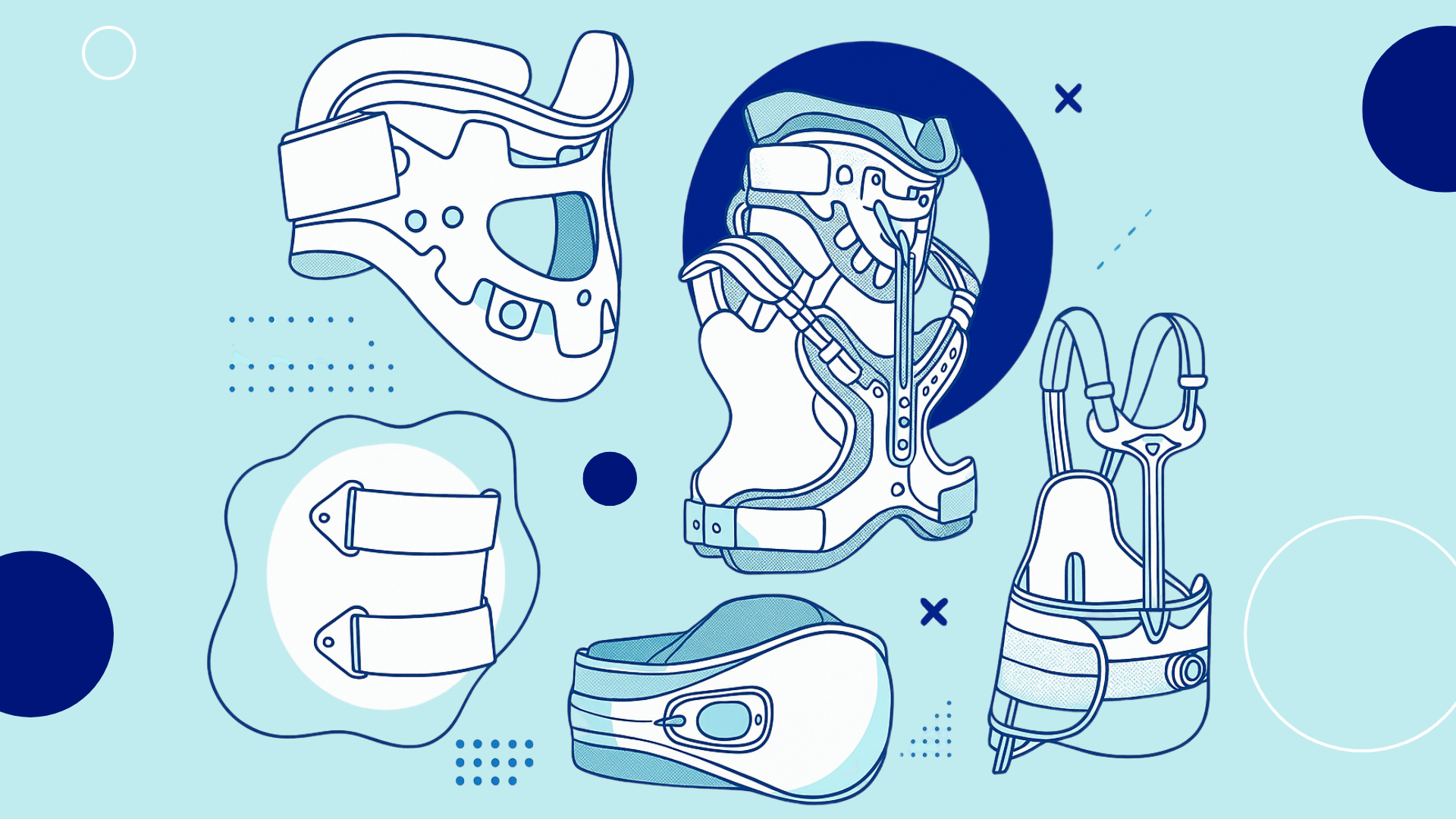 A digital image of several common neck and spinal braces provided by Ottobock Care