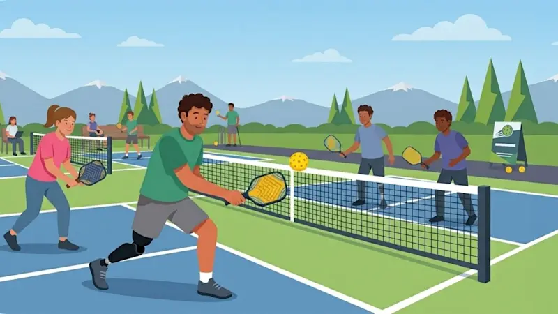 A group of people playing on an outdoor pickleball court