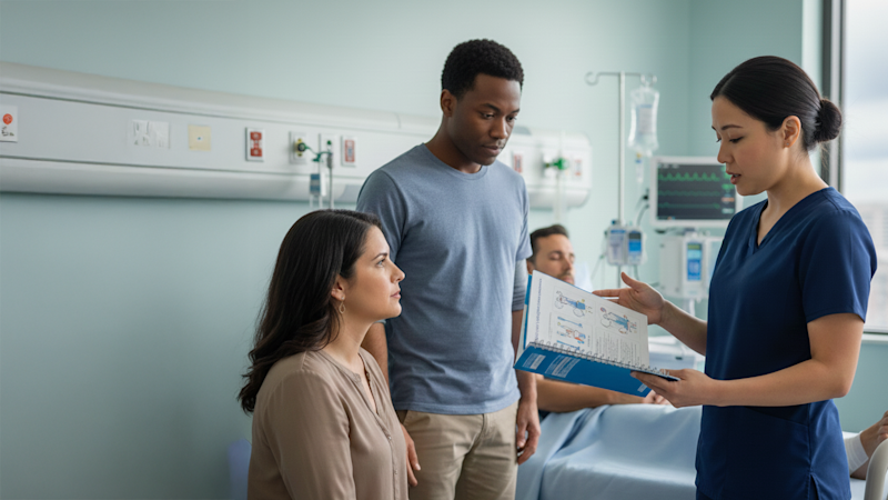 A Patient Navigator consulting with a patient's family on the next steps post-amputation