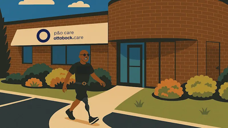 Un usuario de pierna protésica caminando hacia la entrada de P&O Care Ottobock.care en St. Louis