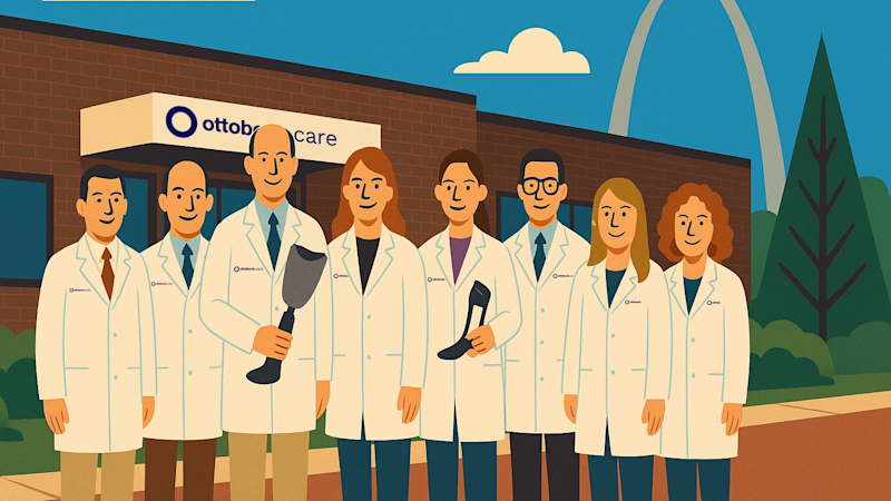 Una ilustración estilo caricatura de un grupo de prostétistas ortopédicos certificados (CPOs) en la oficina de St. Louis Ottobock.care