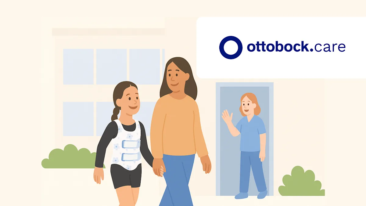 A pediatric patient leaving their appointment from Ottobock.care with their mother