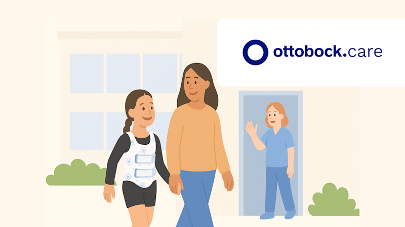 A pediatric patient leaving their appointment from Ottobock.care with their mother