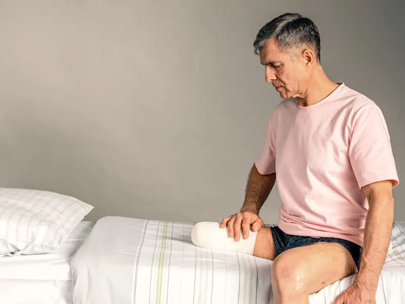A man with an above knee amputation resting on a bed
