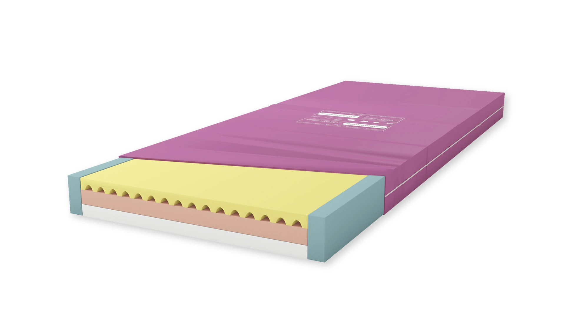 Immagine del materasso Rehabed ControlCARE dove si vedono sia i tre strati interni a densità diversa che i profili laterali ad alta insensità più la fodera esterna removibile in tessuto anallergico