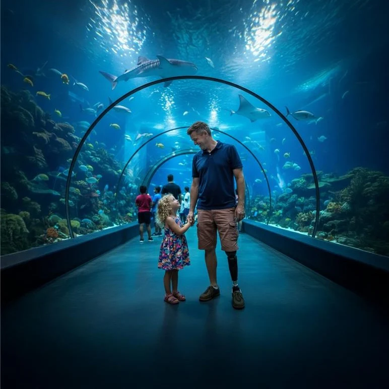 Un amputado de la extremidad inferior caminando por un túnel de acuario con su hija