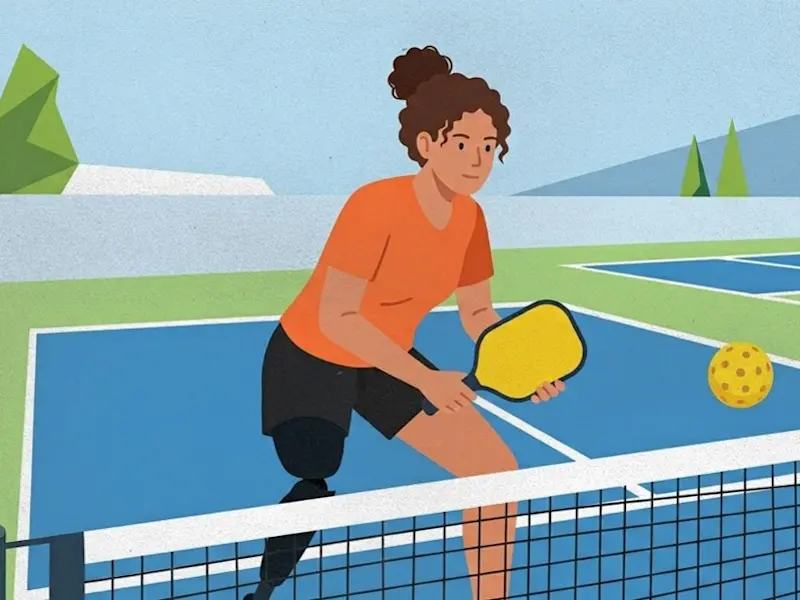 A prosthetic leg user playing pickleball in a court