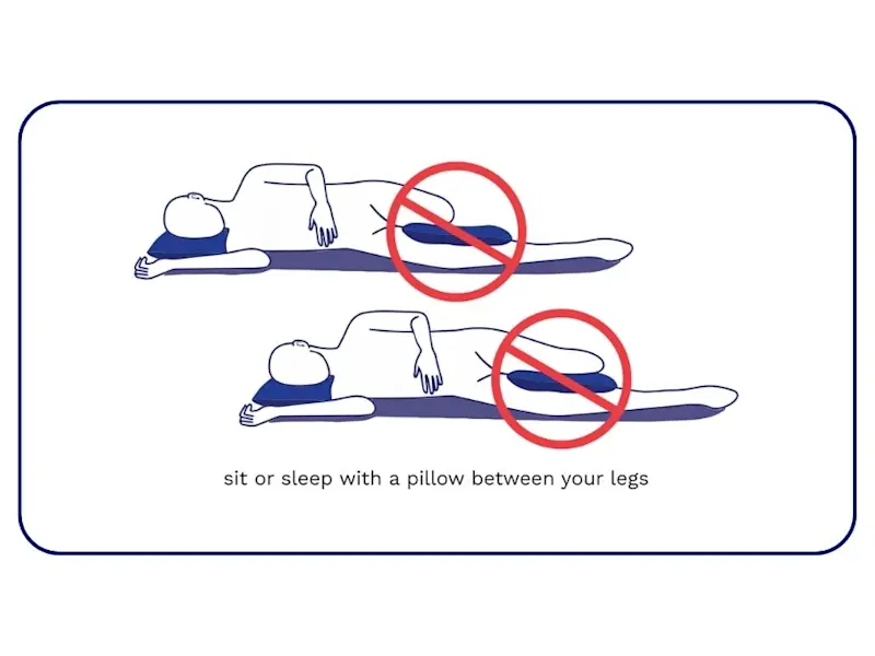 An illustrated graphic demonstrating an amputee laying on their side. The text accompanying the image reads, "sit or sleep with a pillow between your legs."