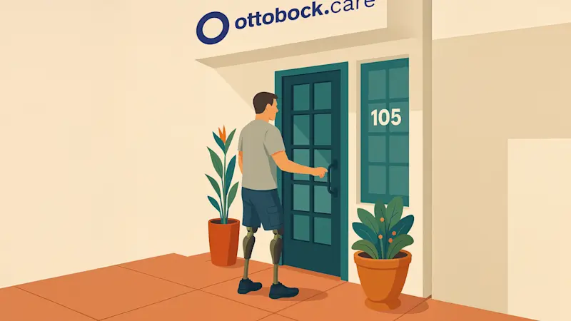 Artwork depicting a lower limb artificial leg user opening the entrance door to an Ottobock.care clinic