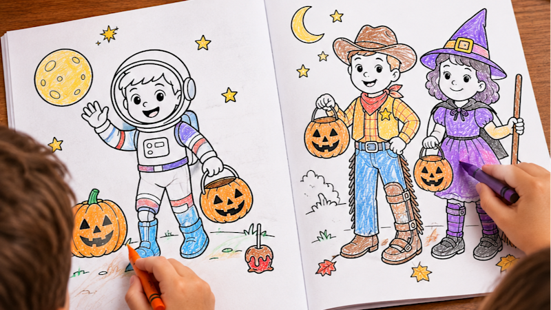 Children coloring the characters in the Halloween coloring book by Ottobock Care