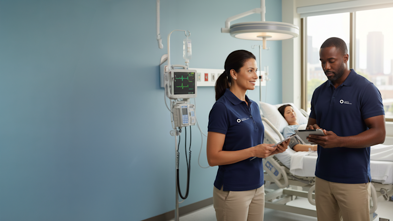 A Clinical Liaison meeting with another healthcare professional in the patient's hospital room