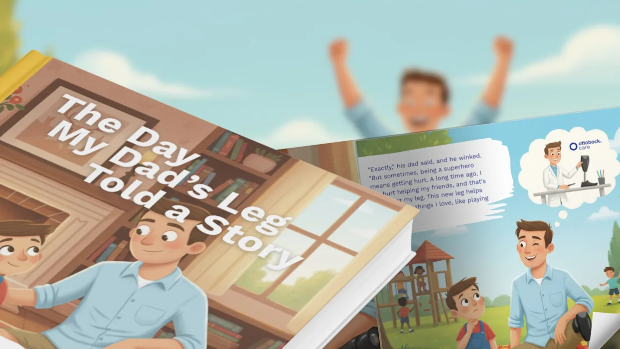 A mockup of the children's book "The Day My Dad's Leg Told A Story" by Ottobock Care in honor of Veteranss