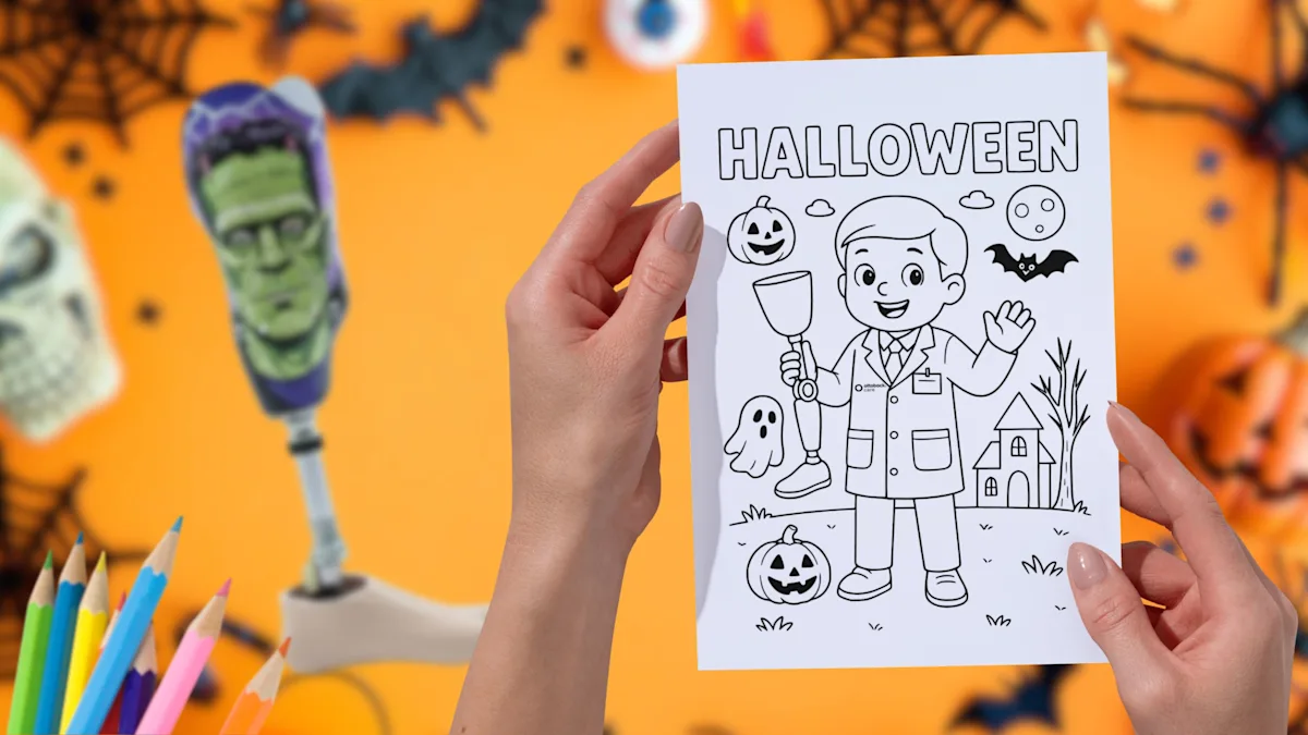 The Ottobock Care Halloween coloring book on a tabletop accompanied with a Jack-O-Lantern candy bucket
