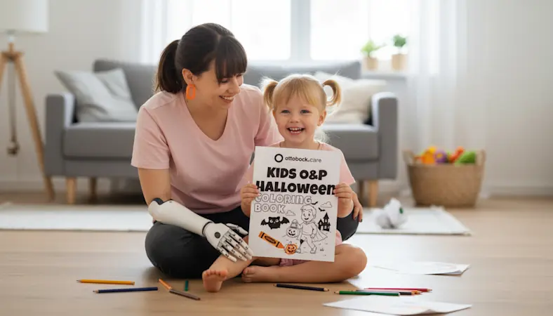 A parent and their child enjoying the Ottobock Care Halloween Coloring Book