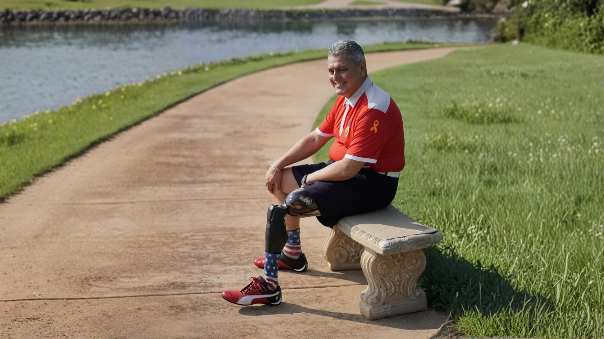 A lower limb amputee sitting on a bench facing a lake wearing a shirt with an orange ribbon to represent Limb Loss Limb Difference Awareness Month