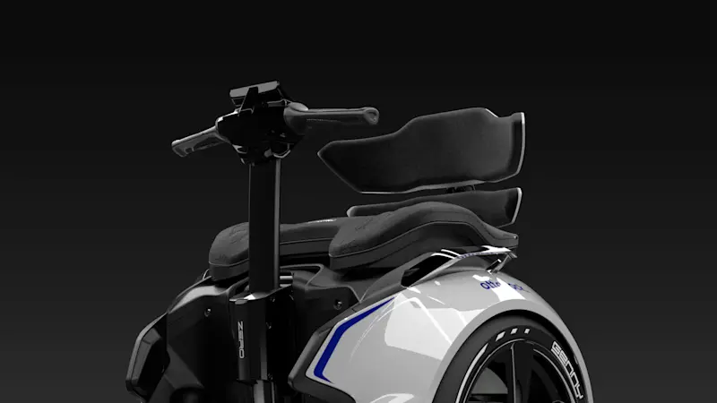 Vista anteriore della Genny Zero con il manubrio retrattile con doppia impugnatura e un display touch a colori da 3,5 pollici