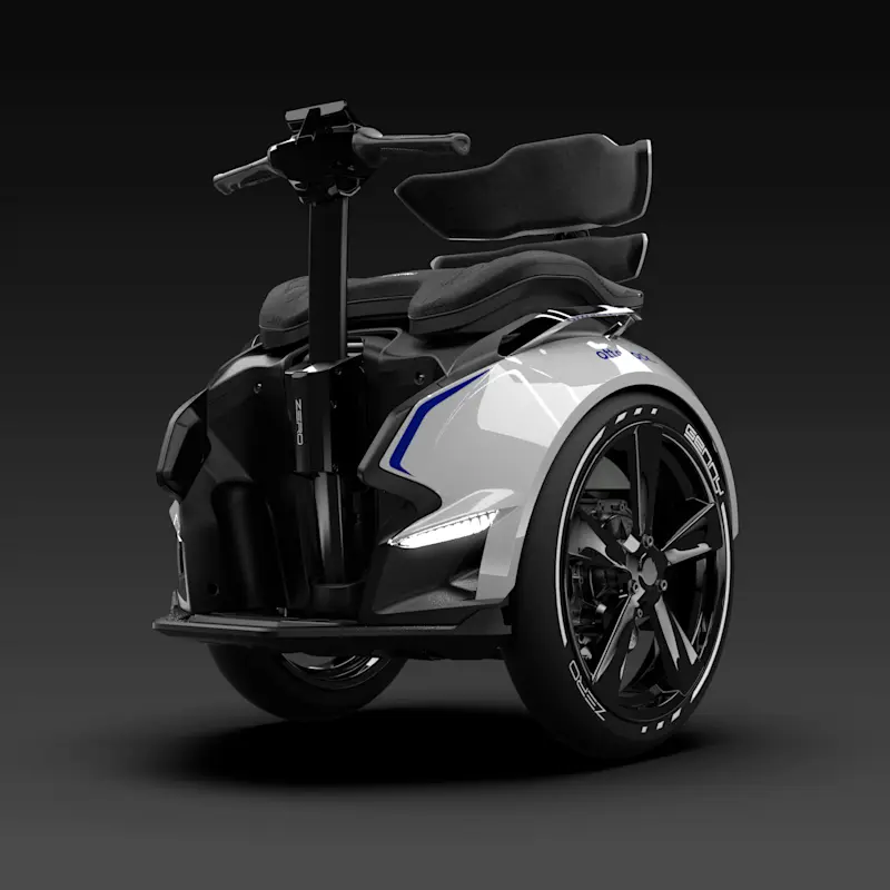 Vista anteriore della Genny Zero con il manubrio retrattile con doppia impugnatura e un display touch a colori da 3,5 pollici