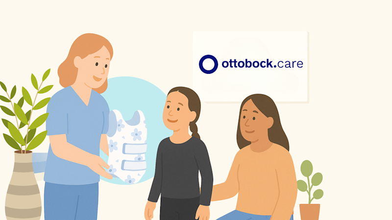 A Certified Orthotist showing a spinal brace to a patient and their parent