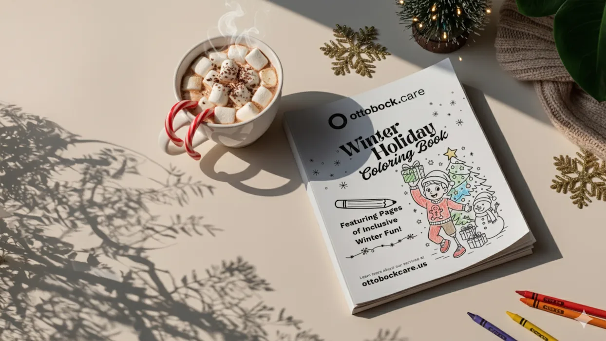 A children's coloring book featuring those with limb loss and limb difference celebrating Christmas