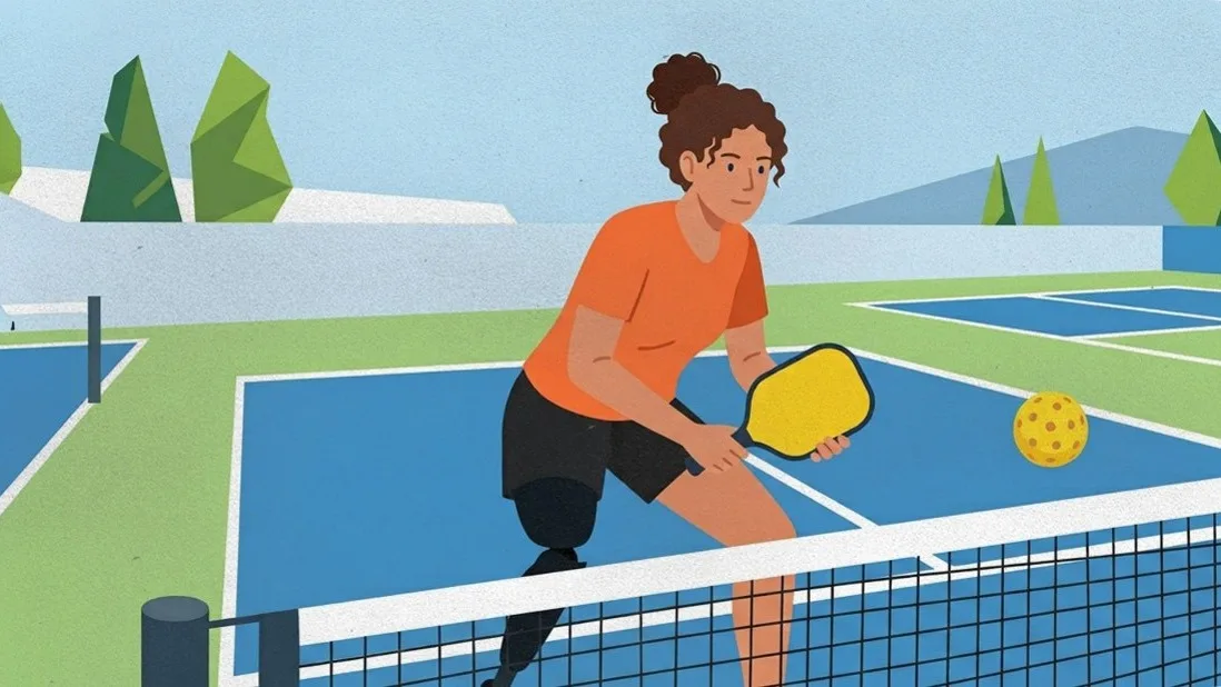 A woman with a prosthetic leg playing pickleball