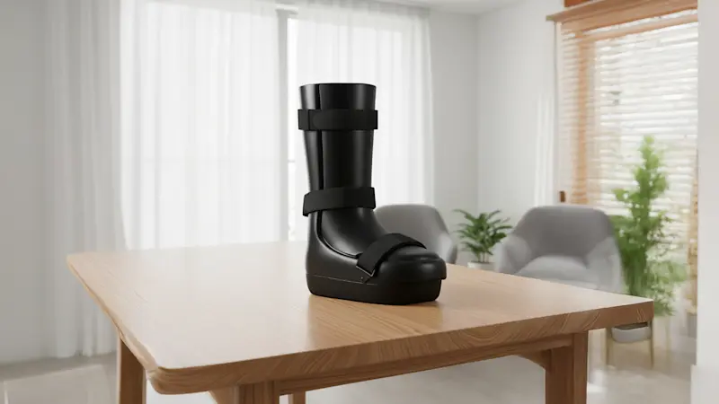 A custom Charcot Restraint Orthotic Walker Boot sitting on a table
