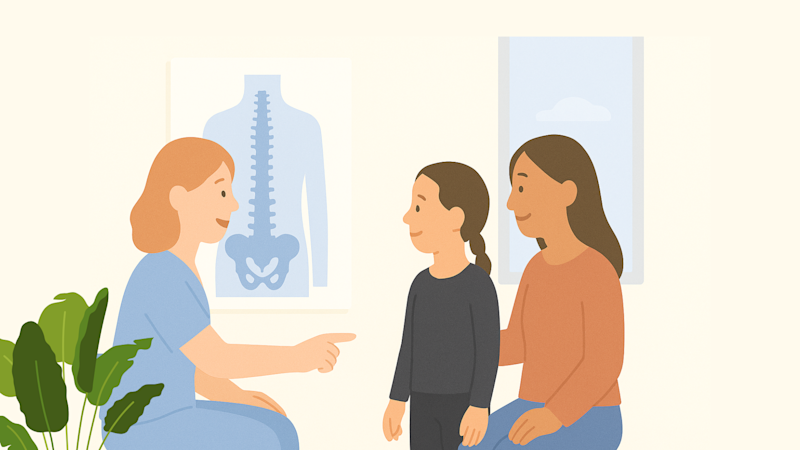 A parent and their child speaking a Certified Prosthetist Orthotist on orthotic solutions for scoliosis