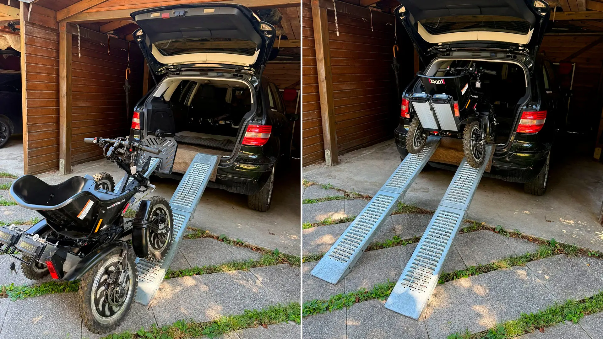 Uno Zoom Uphill viene caricato nel baule di una station wagon con l'aiuto di una rampa