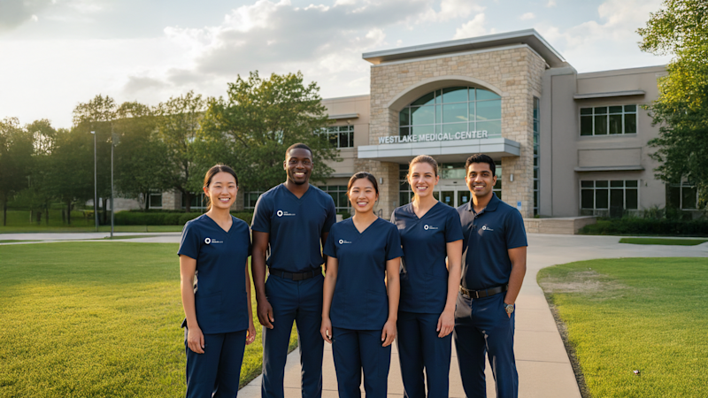 A group of Clinical Liaisons posing for a photo in front of a medical center